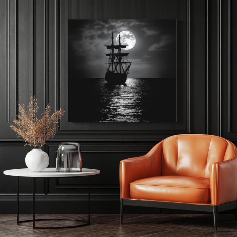 Moonlit Ship Wall Art, Canvas Or Poster, Nautical Night Decor, Black And White Ocean Art, Moody Home Wall Art, Pirate Ship Wall Hanging - Image 3