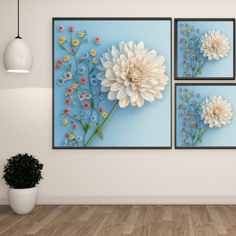 White Chrysanthemum Floral Print: Soft Blue Botanical Wall Art - Image 2