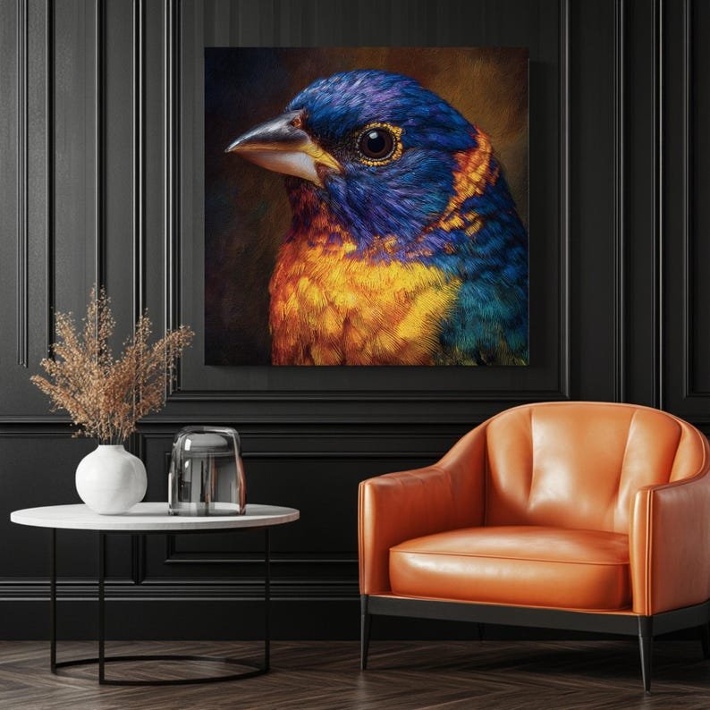 Painted Bunting Wall Art, Canvas or Poster, Modern Nature Wall Decor, Bird Lover Gift, Living Room Office Wall Hanging, Blue Orange Design - Image 3