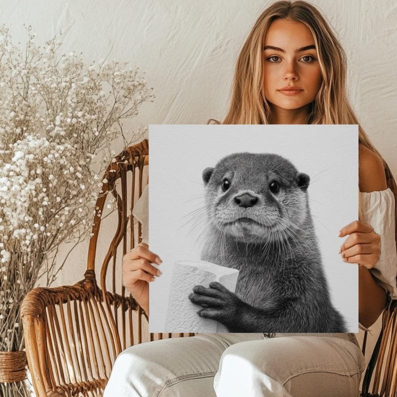 Black and White Otter Wall Art, Canvas or Poster, Funny Animal Print, Modern Bathroom Wall Decor, Whimsical Art For Home or Office - Image 5
