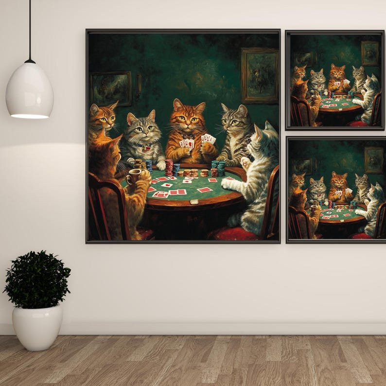Cat Poker Art, Canvas or Poster, Whimsical Pop Art Decor, Living Room Game Room Office Wall Art, Brown Gold Multicolor Green - Image 2