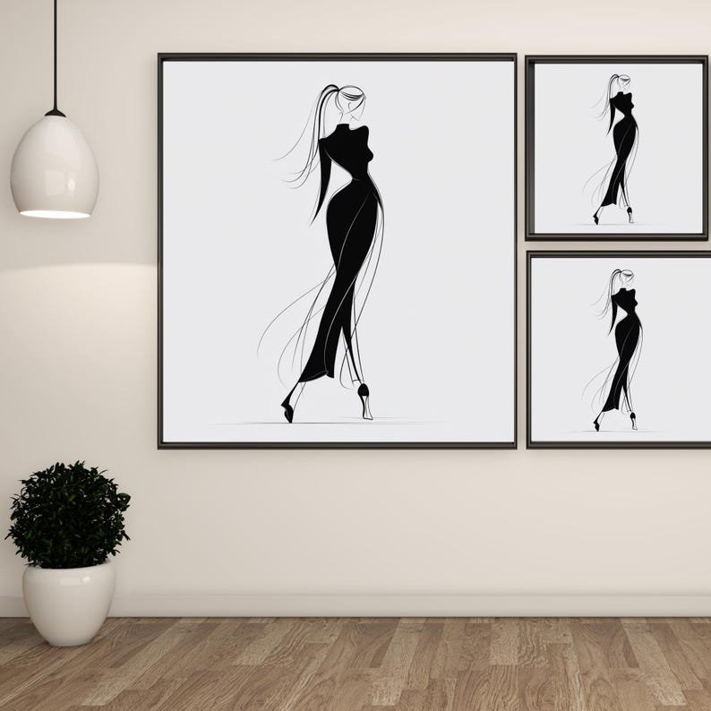 Minimalist Fashion Woman Wall Art, Canvas or Poster, Elegant Black Dress Illustration, Modern Chic Decor, Dressing Room Art, Fashion Sketch - Image 2