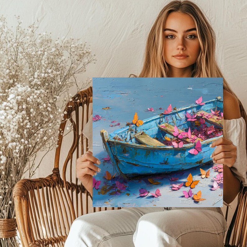 Blue Boat With Butterflies Art, Canvas or Poster, Whimsical Coastal Decor, Romantic Wall Art, Living Room Bedroom Home Decor, Minimalist Art - Image 5