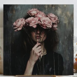 Emotional Woman And Roses, Canvas Or Poster, Dark Romantic Portrait, Moody Floral Wall Art, Contemporary Gothic Decor, Gift For Her