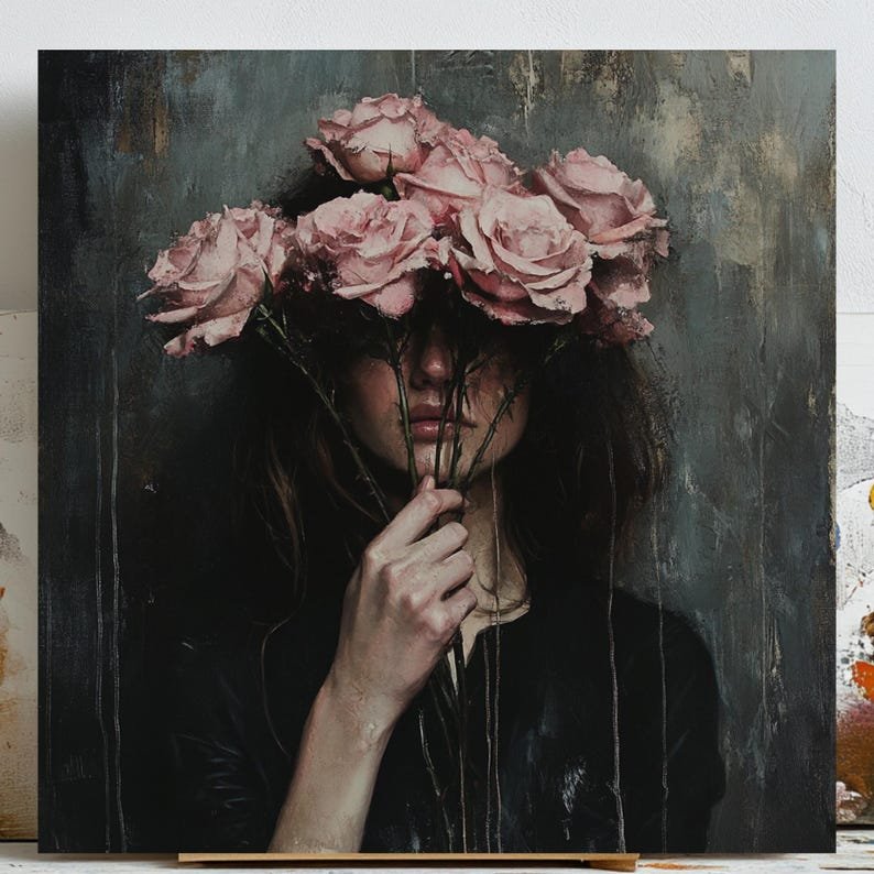 Emotional Woman And Roses, Canvas Or Poster, Dark Romantic Portrait, Moody Floral Wall Art, Contemporary Gothic Decor, Gift For Her