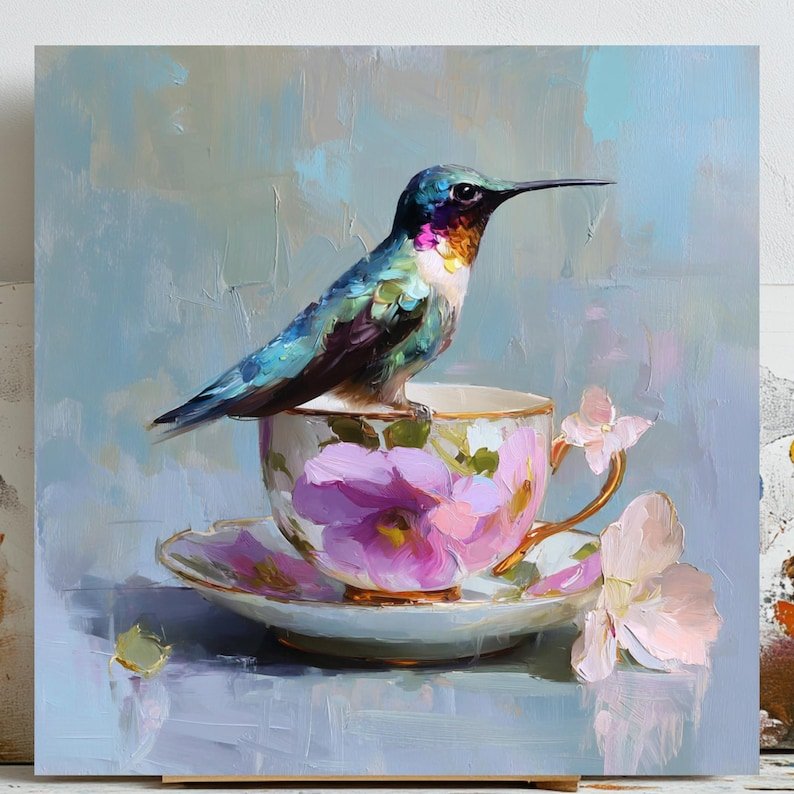 Hummingbird Wall Art, Canvas Or Poster, Floral Nature Decor, Living Room Bedroom Wall Art, Colorful Bird Painting, Spring Home Design