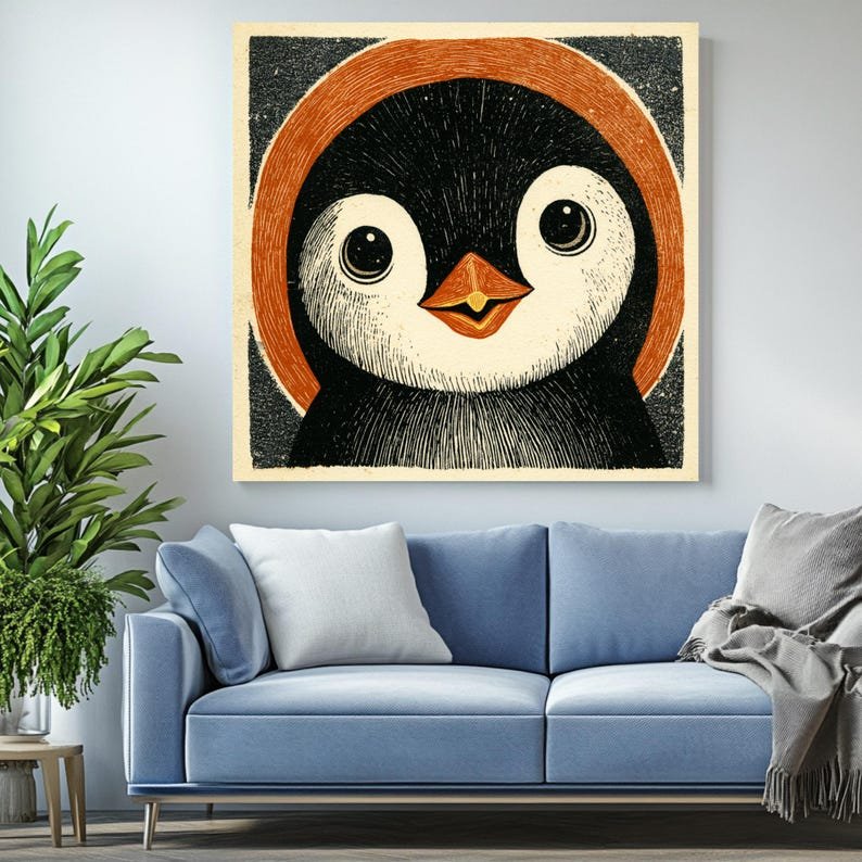 Cute Penguin Art, Linocut Print, Nursery Wall Decor, Modern Folk Style, Animal Portrait, Kids Playroom Poster, Penguin Gift, Woodcut Decor - Image 3