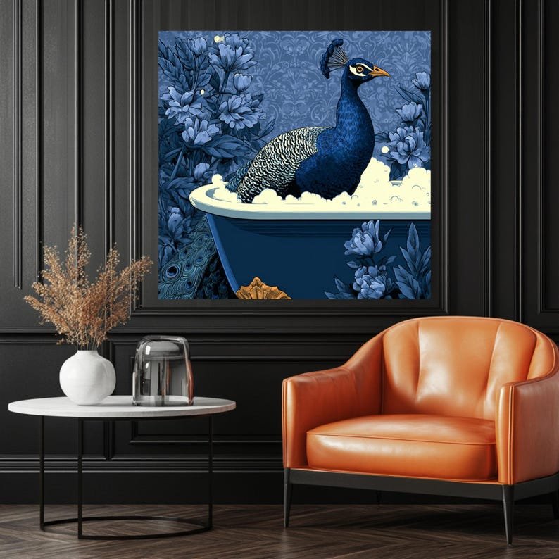 Peacock in Bathtub Wall Art, Canvas Or Poster, Funny Bathroom Decor, Blue Floral Peacock Painting, Quirky Animal Wall Decor, Powder Room Art - Image 4