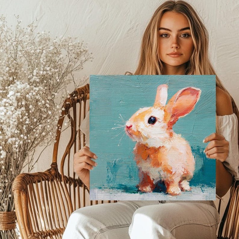 Bunny Wall Art, Canvas Or Poster, Oil Painting Rabbit Print, Cute Animal Decor, Nursery Wall Art, Farmhouse Home Decor, Rabbit Print - Image 5