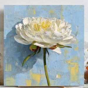 White Peony Oil Painting Wall Art, Canvas or Poster, Textured Floral Decor, Palette Knife Art, Blue and White Flower, Modern Bedroom Decor