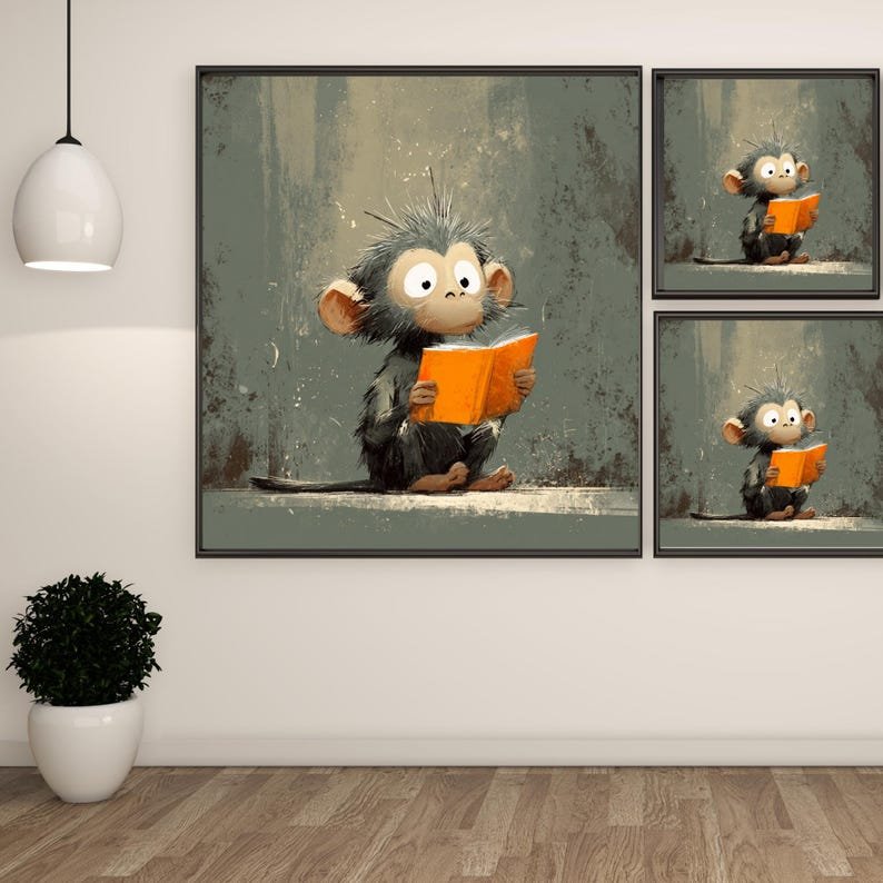Reading Monkey Wall Art, Canvas or Poster, Whimsical Nursery Decor, Kids Room Animal Artwork, Playroom Wall Art, Educational Jungle Theme - Image 2
