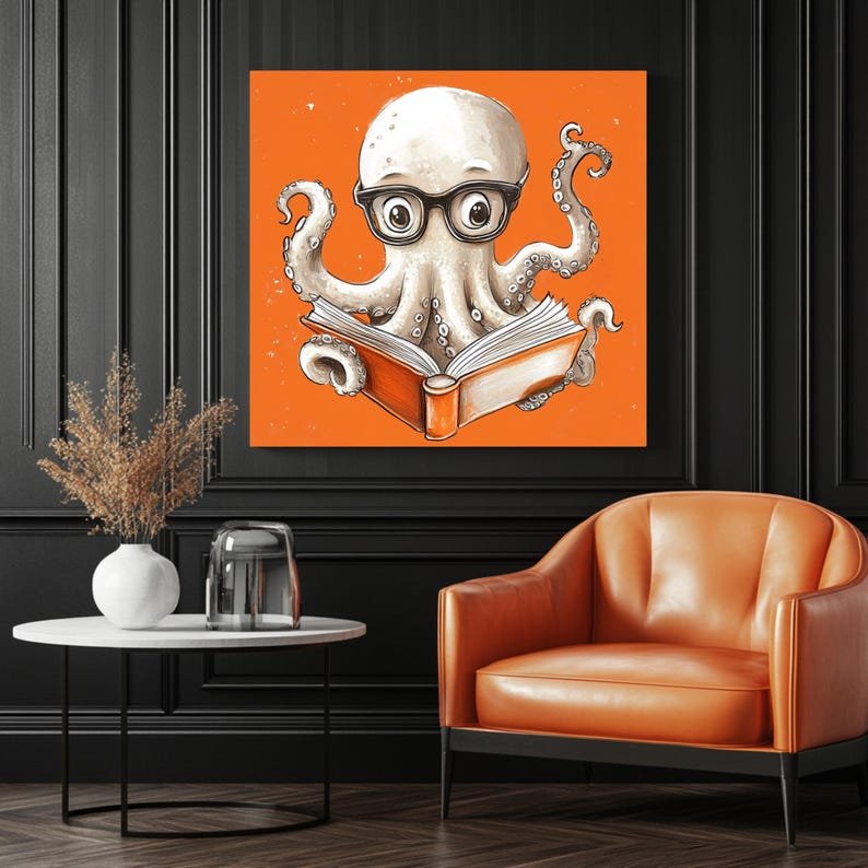 Adorable Octopus Reading Book Art, Canvas Or Poster, Charming Wall Decor for Nursery or Library, Whimsical Sea Creature Painting, Gift Idea - Image 3