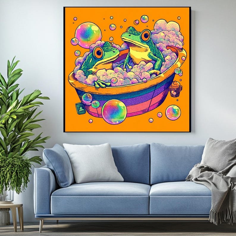 Frogs in Bathtub Wall Art, Canvas or Poster, Funny Bathroom Decor, Vibrant Pop Art, Quirky Animal Wall Hanging, Kids Bathroom Decor, Art - Image 3