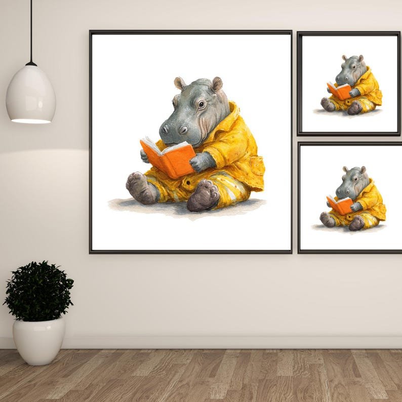 Hippo Reading Book Art, Canvas Or Poster, Kids Decor, Nursery Decor, Animal Wall Art, Living Room Decor, Office Decor, Hippo Wall Hanging - Image 2