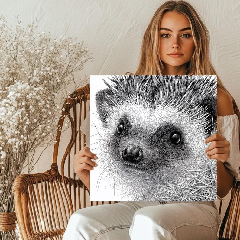 Hedgehog Wall Art, Canvas or Poster, Black and White Pen Ink Drawing, Woodland Animal Nursery Decor, Modern Minimalist Kids Room Wall Decor - Image 4