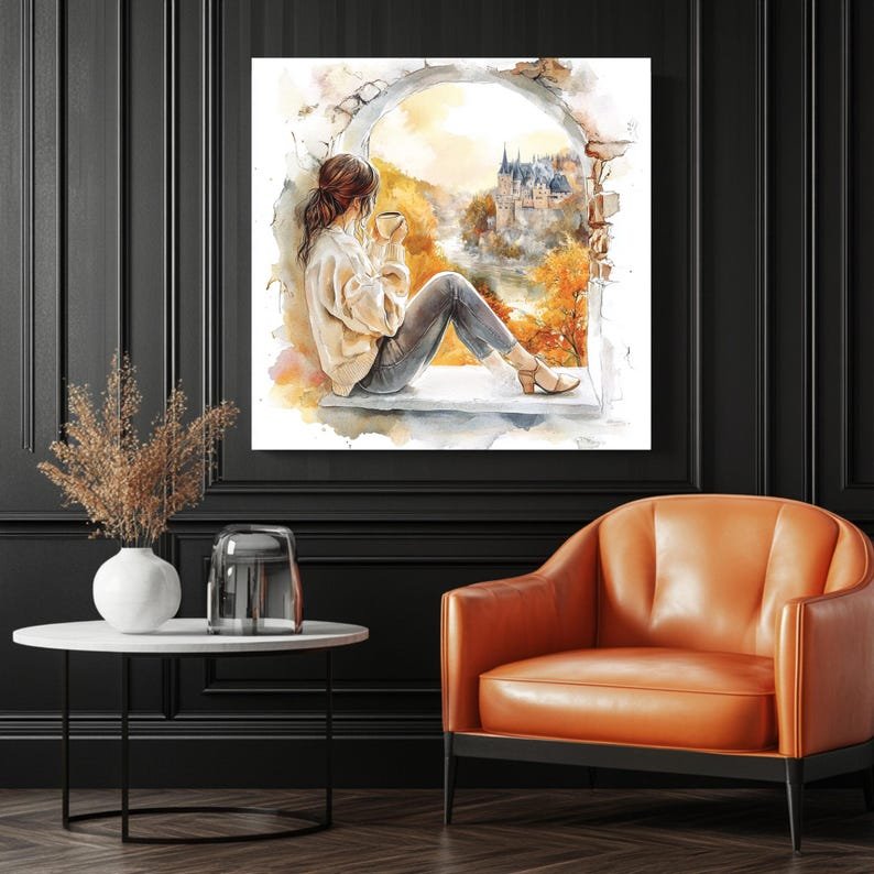 Fall Window View Wall Art, Coffee Aesthetic Print, Cozy Autumn Decor, Watercolor Landscape Painting,Feminine Wall Art,Home Office Wall Decor - Image 3