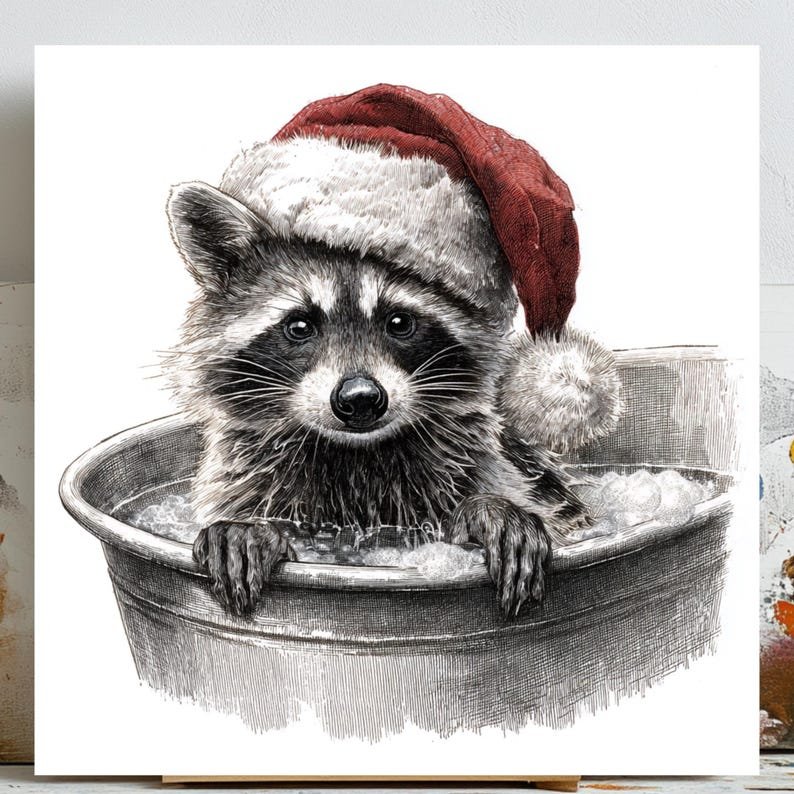 Christmas Raccoon Wall Art, Canvas or Poster, Cute Animal in Bathtub, Holiday Bathroom Decor, Rustic Winter Art, Gift for Animal Lovers