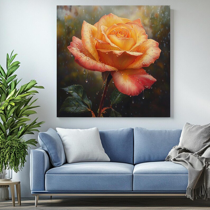 Orange Yellow Rose Wall Art, Canvas Or Poster, Realistic Floral Painting, Romantic Wall Art, Anniversary Gift For Wife, Elegant Wall Decor - Image 4