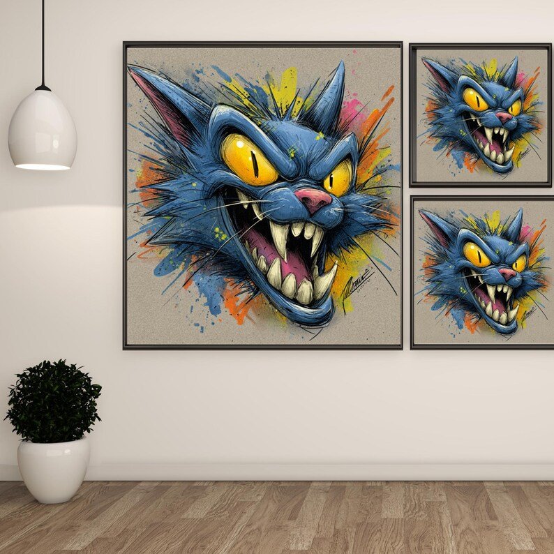 Blue Graffiti Cat Wall Art, Canvas Or Poster, Edgy Room Decor, Street Art Style, Game Room Decor, Pop Art Animal, Crazy Cat Wall Decor - Image 2