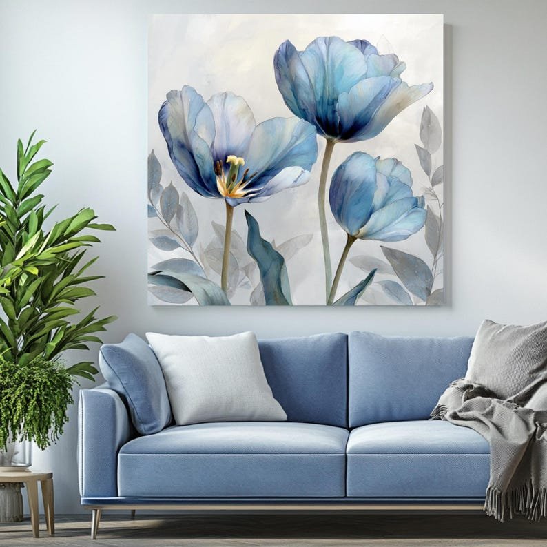 Blue Tulip Flower Wall Art, Canvas Or Poster, Modern Floral Painting, Minimalist Botanical Decor, Elegant Bedroom Living Room Wall Artwork - Image 4
