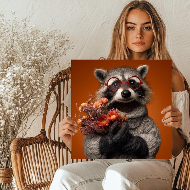 Raccoon with Flowers Wall Art, Canvas or Poster, Cozy Autumn Animal Portrait, Rustic Woodland Decor, Cute Raccoon Painting, Bedroom Wall Art - Image 5