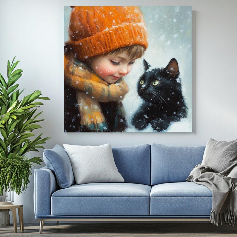 Cat and Girl Wall Art, Poster or Canvas, Bedroom Decor, Cat Art Print, Girls Room Decor, Animal Wall Art, Nursery Wall Art, Pet Wall Decor - Image 4