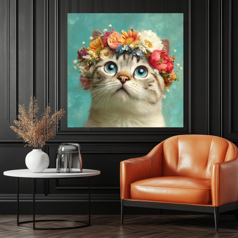 Cat With Flower Crown Wall Art, Canvas Or Poster, Whimsical Pet Portrait, Nursery Wall Decor, Cute Animal Art, Cat Lover Gift, Teal Boho Art - Image 4