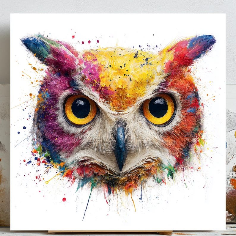 Vibrant Watercolor Owl Art, Canvas or Poster, Colorful Abstract Bird Painting, Modern Living Room Bedroom Office Decor, Owl Wall Art