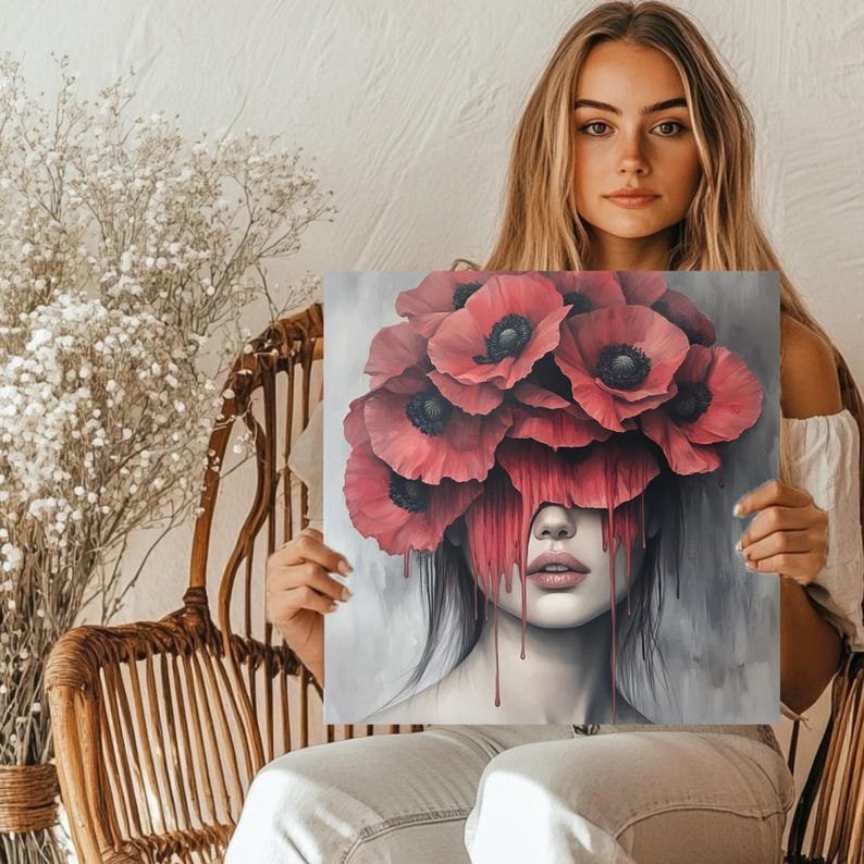 Red Poppy Woman Portrait: Surreal Fashion Illustration (Digital Wall Art) - Image 5