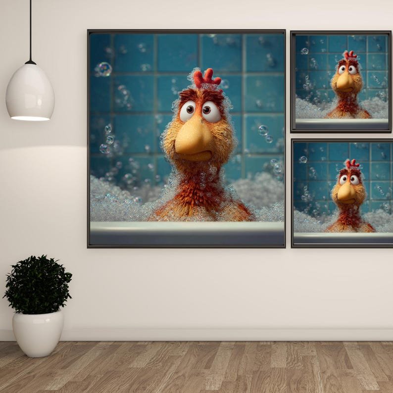 Funny Chicken In Bathtub Art, Canvas or Poster, Whimsical Bathroom Wall Decor, Playful Animal Artwork, Kids Room Wall Hanging, Nursery Art - Image 2