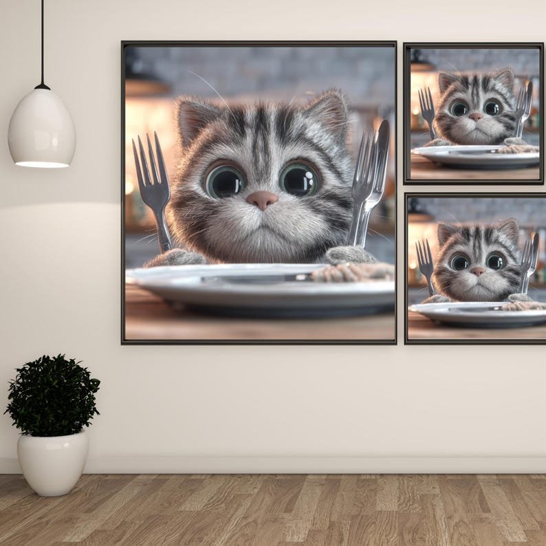 Cute Hungry Cat Wall Art, Canvas Or Poster, Nursery Decor, Kids Room Art, Kitchen Wall Decor, Home Decor, Whimsical Animal Art, Wall Hanging - Image 2