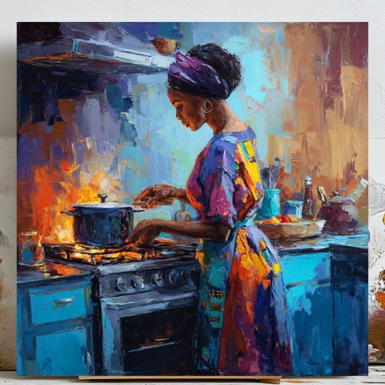 African Woman Cooking Wall Art, Canvas Or Poster, Kitchen Wall Decor, Black Woman Art, Impasto Oil Painting, Home Decor,African American Art