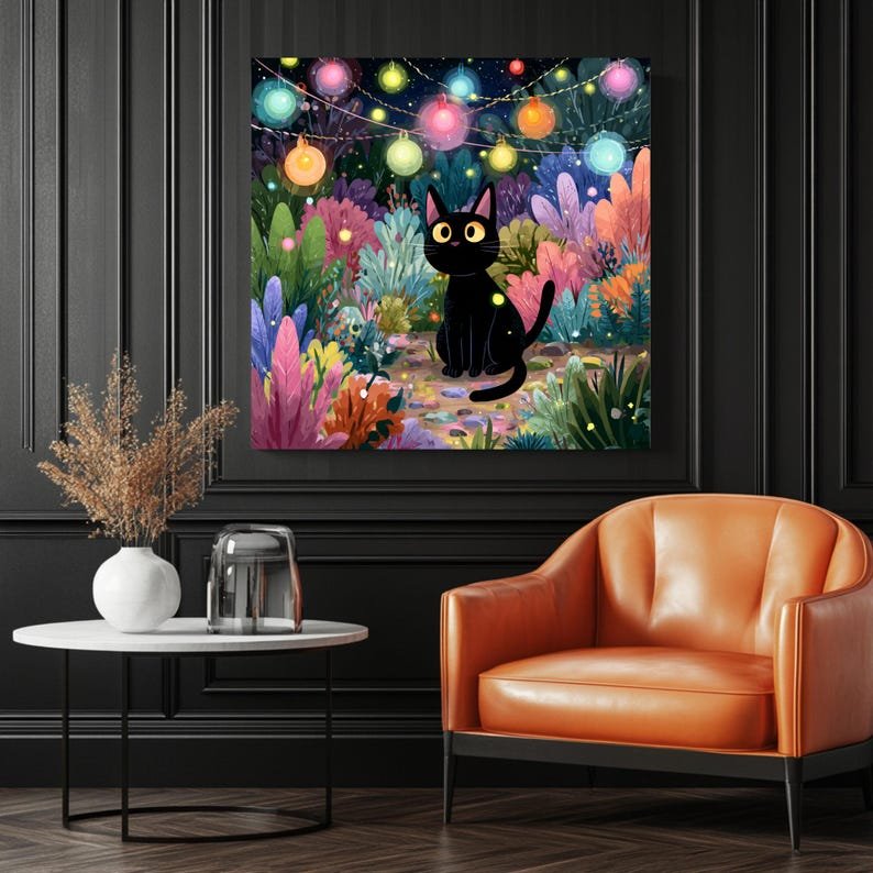 Black Cat Wall Art, Canvas or Poster, Whimsical Cat Wall Decor, Night Garden Art, Magical Cat Painting, Living Room Kids Room Decor - Image 3