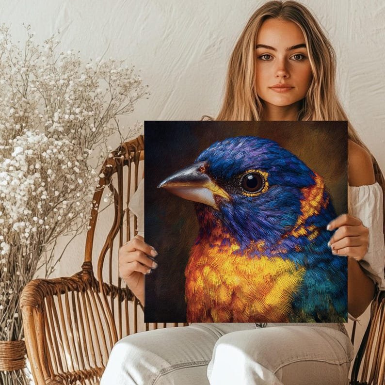 Painted Bunting Wall Art, Canvas or Poster, Modern Nature Wall Decor, Bird Lover Gift, Living Room Office Wall Hanging, Blue Orange Design - Image 5