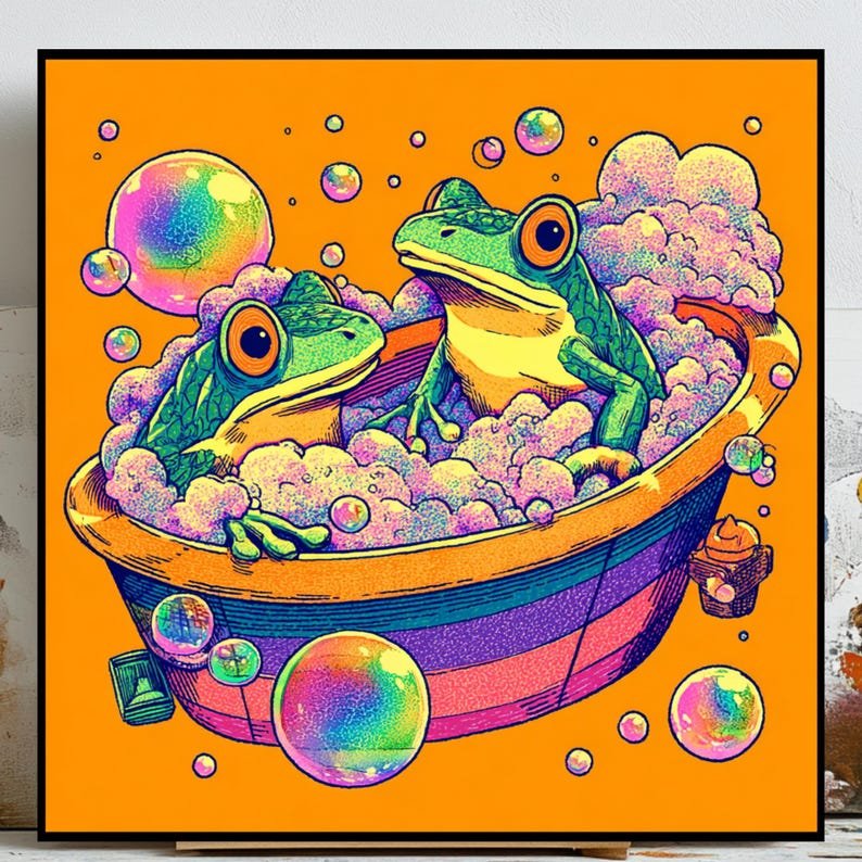 Frogs in Bathtub Wall Art, Canvas or Poster, Funny Bathroom Decor, Vibrant Pop Art, Quirky Animal Wall Hanging, Kids Bathroom Decor, Art
