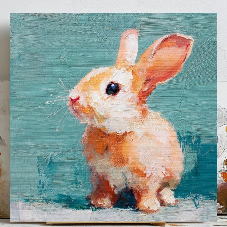 Bunny Wall Art, Canvas Or Poster, Oil Painting Rabbit Print, Cute Animal Decor, Nursery Wall Art, Farmhouse Home Decor, Rabbit Print