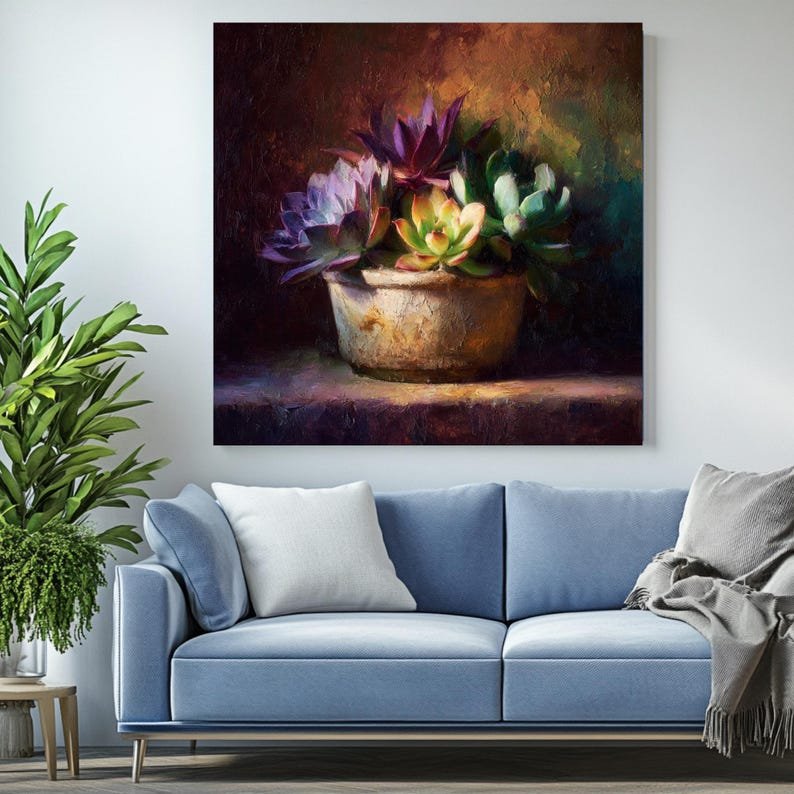 Succulent Wall Art Canvas Or Poster, Moody Botanical Oil Painting, Rustic Floral Decor, Purple Succulent Print, Modern Farmhouse Wall Art - Image 3