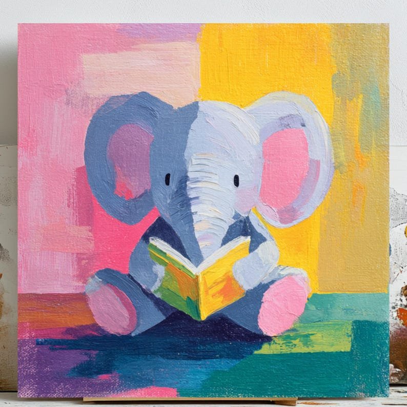 Elephant Reading Book Wall Art, Canvas Or Poster, Nursery Wall Decor, Kids Room Art, Colorful Animal Painting, Whimsical Library Art, Gift