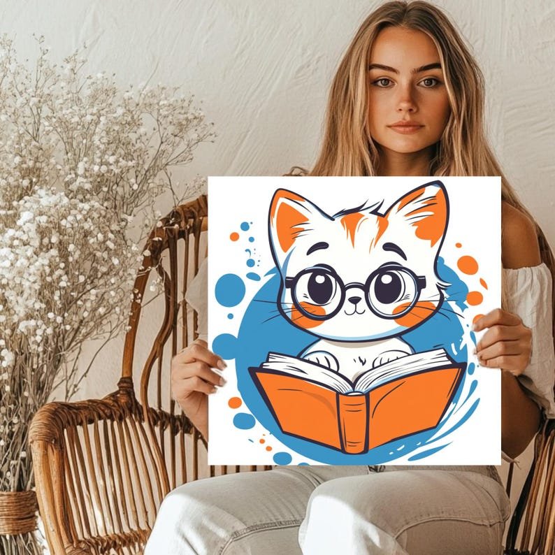 Reading Cat Art Print: Nerdy Bookish Kitten, Kids Room Decor - Image 5