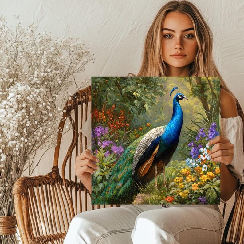 Peacock In Garden Art, Canvas or Poster, Animal Wall Art, Bathroom Wall Decor, Modern Home Artwork, Bird Wall Hanging, Floral Design - Image 5