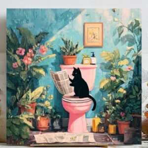Japanese Black Cat Reading Newspaper, Canvas Or Poster, Funny Animal Decor, Bathroom Decor, Living Room Decor, Modern Wall Art, Cat Wall Art