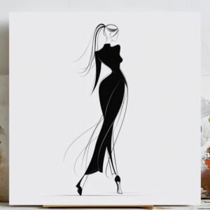 Minimalist Fashion Woman Wall Art, Canvas or Poster, Elegant Black Dress Illustration, Modern Chic Decor, Dressing Room Art, Fashion Sketch