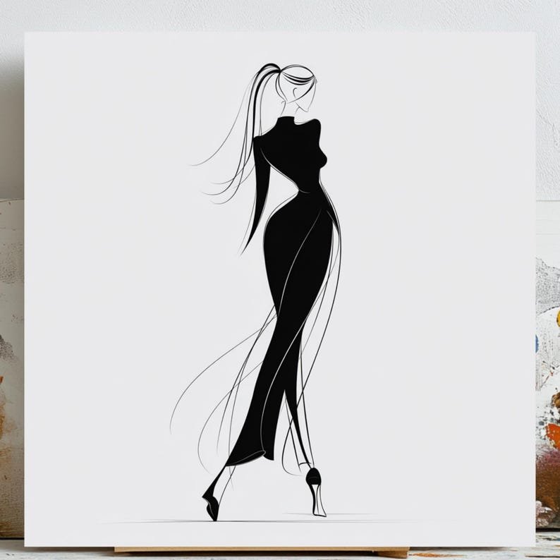 Minimalist Fashion Woman Wall Art, Canvas or Poster, Elegant Black Dress Illustration, Modern Chic Decor, Dressing Room Art, Fashion Sketch