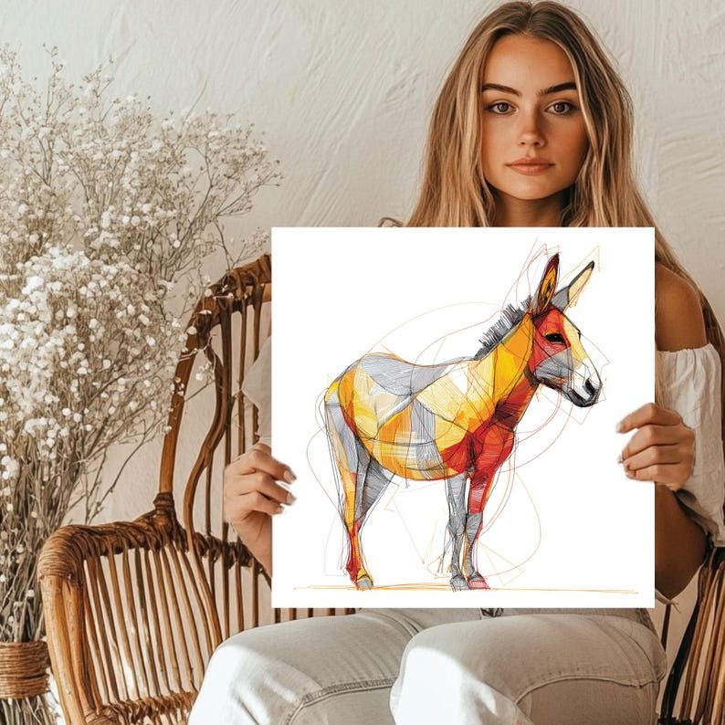 Colorful Donkey Art, Abstract Canvas Print, Farmhouse Wall Decor, Modern Geometric Illustration, Nursery Art, Office Wall Decor, Mule Sketch - Image 4
