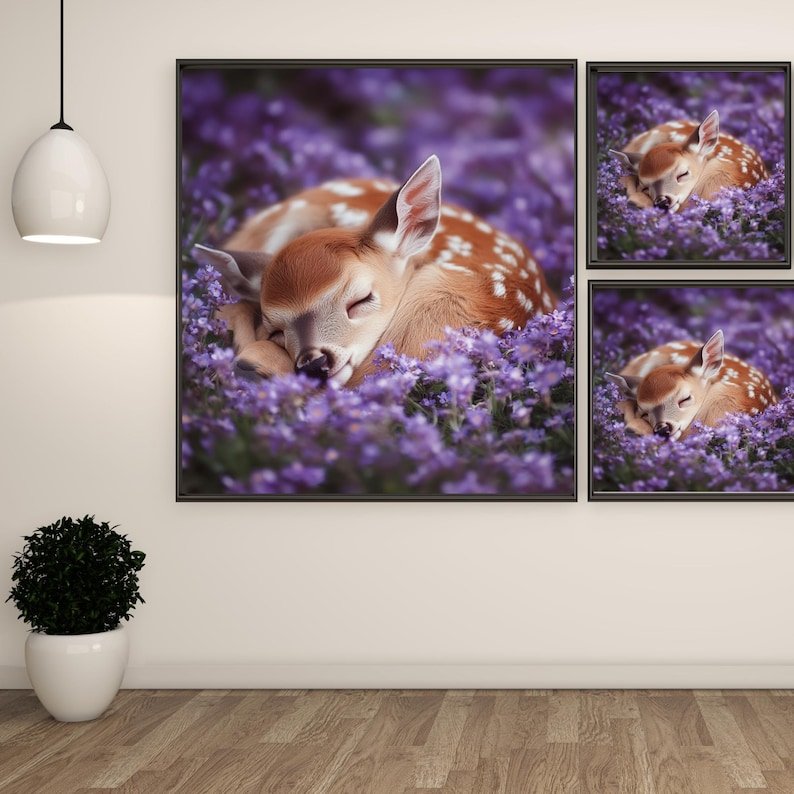 Sleeping Baby Deer Art Print: Purple Floral Nursery Decor - Image 2
