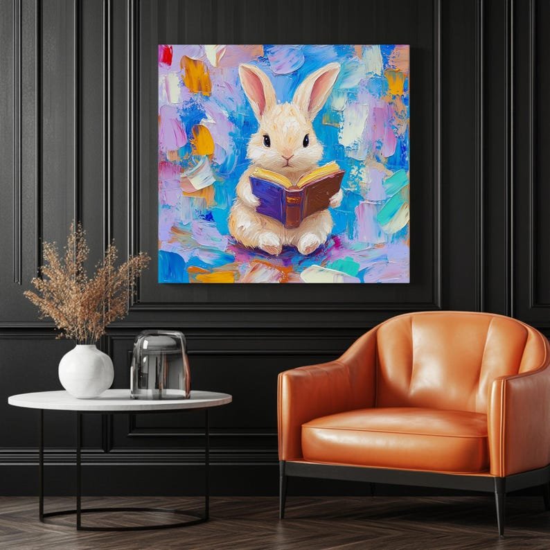 Bunny Wall Art, Canvas Or Poster, Rabbit Wall Decor, Animal Home Decor, Kids Decor, Living Room Decor, Book Lover Decor, Reading Art - Image 3