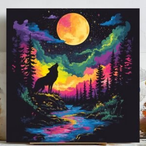 Howling Wolf Under Moon Wall Art, Canvas or Poster, Vibrant Night Sky Decor, Nature Forest Landscape, Cosmic Wall Art, Animal Painting