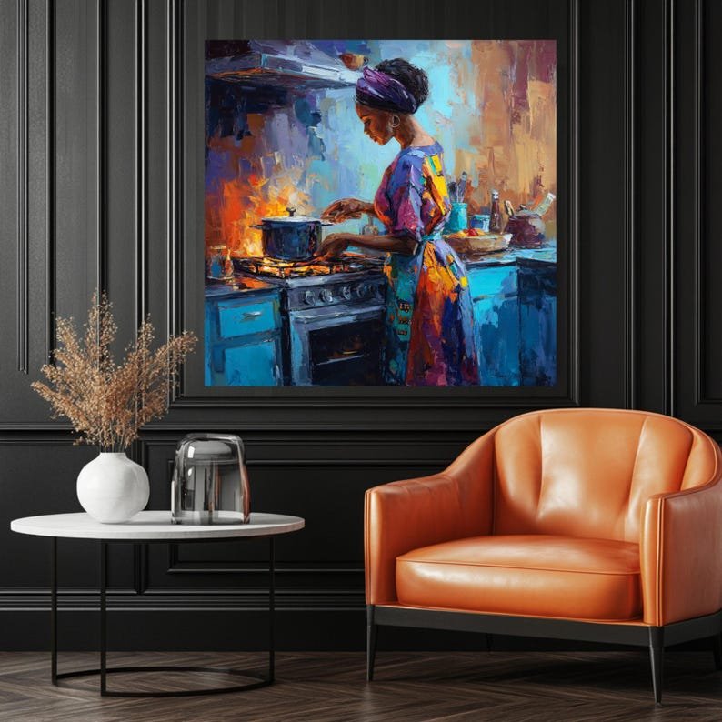 African Woman Cooking Wall Art, Canvas Or Poster, Kitchen Wall Decor, Black Woman Art, Impasto Oil Painting, Home Decor,African American Art - Image 4