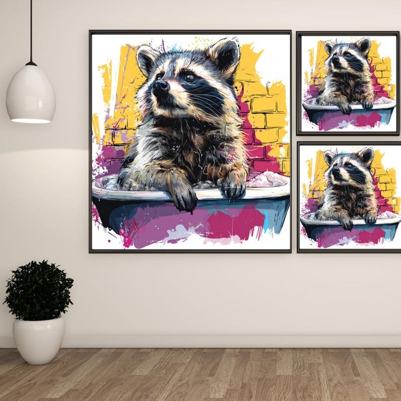 Raccoon in Bathtub Wall Art, Canvas Or Poster, Funny Bathroom Decor, Colorful Pop Art Print, Trash Panda Art, Modern Bathroom Wall Decor - Image 2