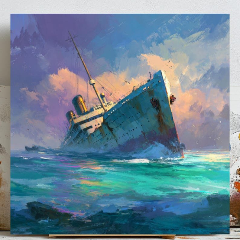 Sunset Ocean Ship Painting, Canvas or Poster, Nautical Home Decor, Blue Sea Wall Art, Living Room Wall Hanging, Maritime Wall Artwork